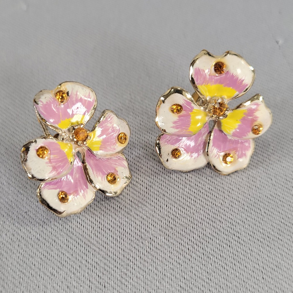 Vintage Coro Enamel Flower Screw Back Earrings Pink‎ Yellow Rhinestone Floral